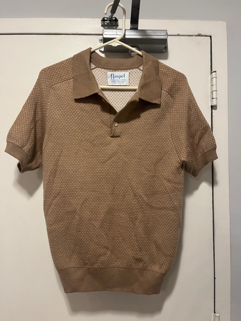 Perfect Retro Men’s Knit - Haspel-  Tan Short-Sleeve Polo 💯 cashmere